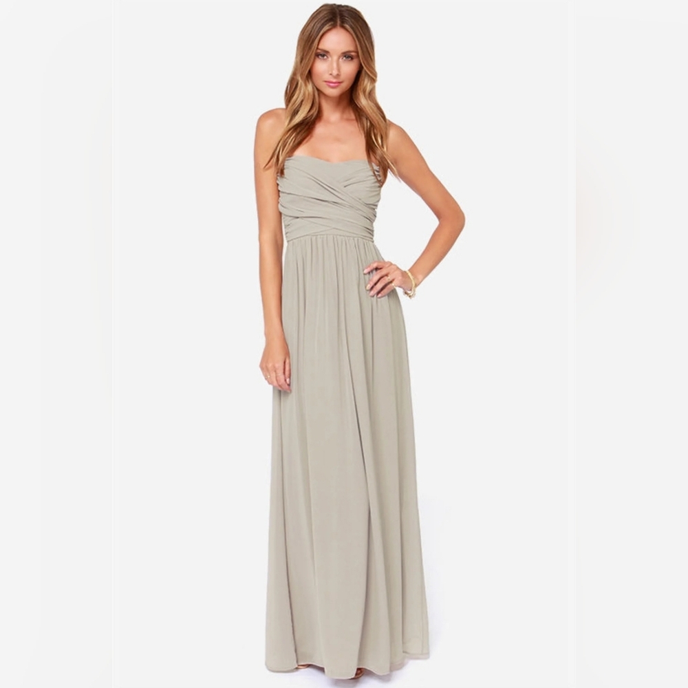 Lulu's Hazy Gray Strapless Maxi Chiffon Evening Dress